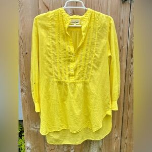 Nili Lotan Yellow Pintuck Pleat Tuxedo Style Cotton Tunic Popover Top Size Small